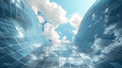 A modern glass building with curved edges, reflecting the sky and clouds in its surface