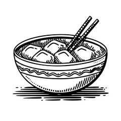 Bowl noodles and chopsticks sketch. Asian food. Chinese, Korean, Japanese cuisine. Logo template. Hand drawn vector illustration.
