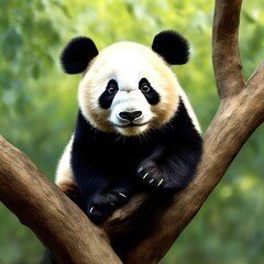 Obraz premium Adorable Panda Cub Climbing Tree in Lush Greenery