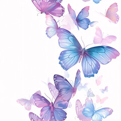 Seamless Pattern of Pastel-Colored Butterflies in Shades of Blue, Lavender, and Pink on a White Background, Evoking a Dreamy and Gentle Ambiance