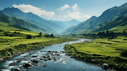 A panoramic view of a lush tropical valley, with mist-shrouded mountains and cascading waterfalls creating a breathtakingly beautiful landscape of untouched natural beauty. Minimal and Simple,