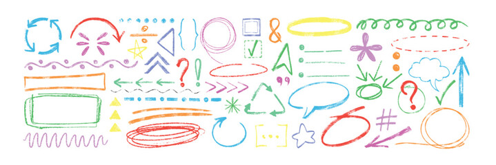 Hand drawn crayon texture arrows, speech bubbles, punctuation marks and pencil circles. Chalk doodle sketch set of underlines, dialogue boxes, checkmarks, frames, emphasis elements and charcoal lines.