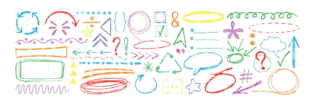 Hand drawn crayon texture arrows, speech bubbles, punctuation marks and pencil circles. Chalk doodle sketch set of underlines, dialogue boxes, checkmarks, frames, emphasis elements and charcoal lines.