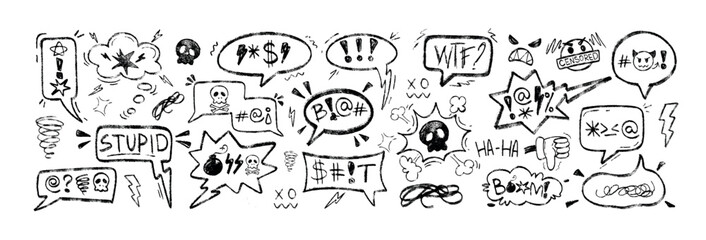 Chalk speech bubbles with swear words, curses, skull icon, censored with symbols in crayon grunge doodle style. Hand drawn black charcoal pencil swearwords for negative expression, angry or bad mood.