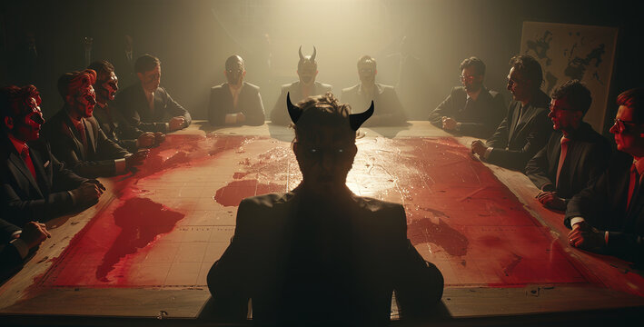 Group of people gathered around a table over a world map. A shadow government is plotting to conspire and seize power. The scene is tense and serious. Illustration for varied design.