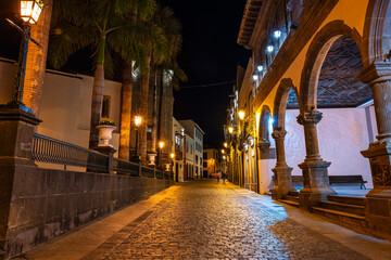 Square with medieval Catholic church at night in the capital Santa Cruz de la Palma, Canary Islands