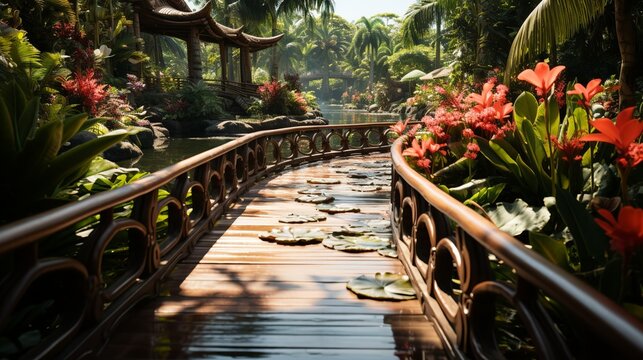 A lush tropical garden with winding pathways and vibrant blooms, inviting viewers to wander and explore the enchanting beauty of exotic botanicals in full bloom. Minimal and Simple,