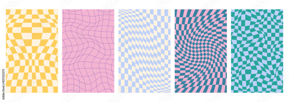Aufkleber psychedelic checkerboard background set with wavy grid tile. checkered seamless geometric distorted 