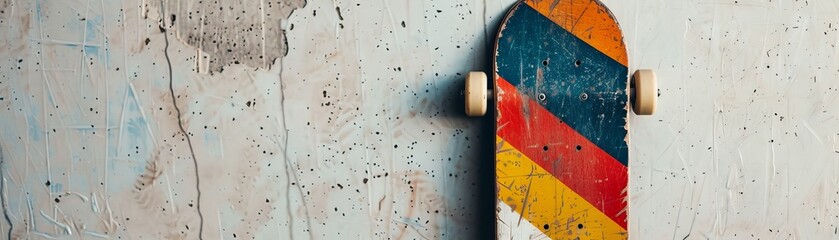 Naklejka premium Close-up of a retro skateboard with old-school graphics and colorful grip tape 2