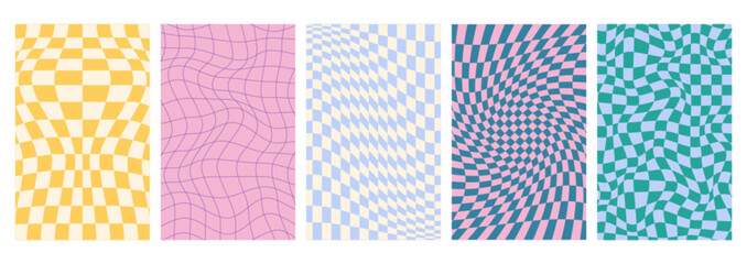 Psychedelic checkerboard background set with wavy grid tile. Checkered seamless geometric distorted pattern in groovy hippie 70s style. Chessboard vertical posters with warped texture in pastel colors