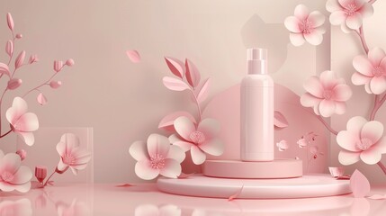 Ad banner for promotion shampoo. Ad banner with minimalist design. Vector illustration with shampoo bottle and paper flowers on podium. Concept of promotion cosmetic product. 3d realistic background. 