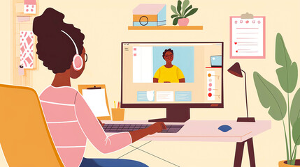 Fototapeta premium Psychoanalyst working with client on internet platform, importance of psychoanalysis and mental health therapy, space for concepts on website, internet therapy advertisement