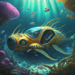 A futuristic submarine car design that is swimming with fishes 