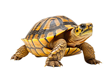Obraz premium A close-up of a yellow and brown turtle with its head raised, isolated on a black background.
