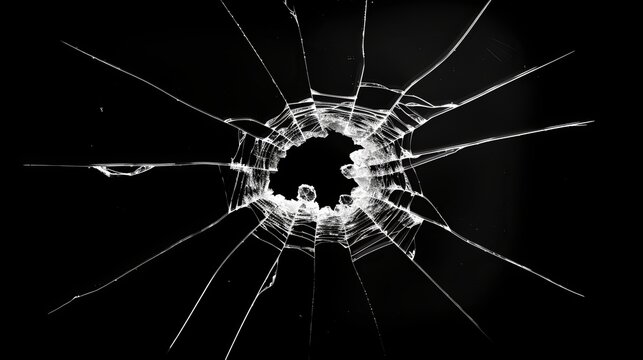 Broken glass on a dark background. After the impact, the glass surface has cracks diverging from the point of impact or bullet hit. The concept of destruction, vulnerability and fragility of existence