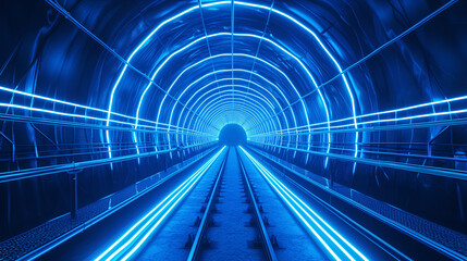 A blue-lit subway tunnel with neon lines leading to a distant point