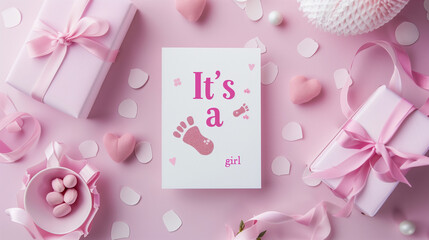 cute birth day card, text " It's a girl" with cute footprints, blue tones. Beautiful invitation card, greeting card, announcement card for a newborn baby. Birth card mockup.