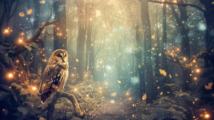 Enchanted forest with twinkling lights and an owl