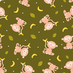 Seamless pink monkey banana surface pattern
