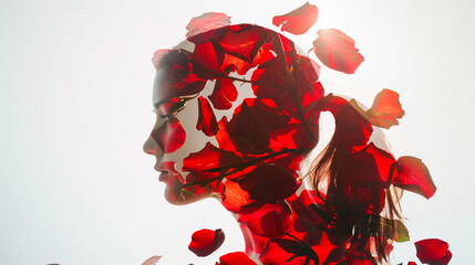 Double exposure of a woman's silhouette seamlessly merged with red rose petals, against a pure white background.
