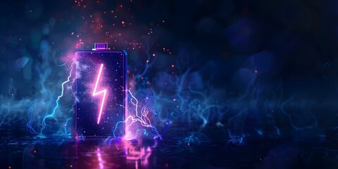 Abstract Fireworks Illuminated with Neon Indigo Light Lithium Ion Battery with Lightning Bolt Icon. Concept Firework Art, Neon Lighting, Lithium-Ion Battery, Lightning Bolt Icon, Abstract Photography