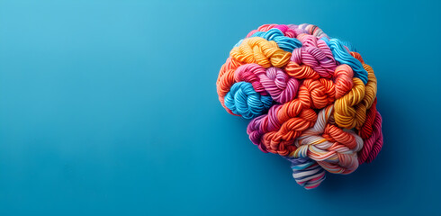 A colorful tangled human brain illustration on a blue background with a banner and copy space, representing the concept of neurodiversity and mental problems.
