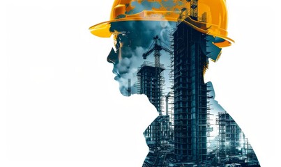 Portrait of a male civil engineer. Silhouette of a construction site on a white background. Engineering and architectural concept