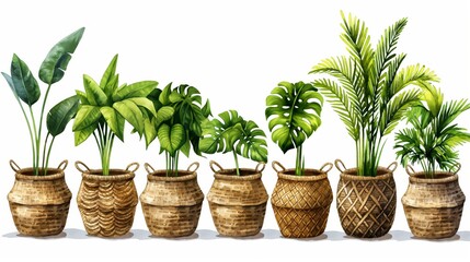 A beautiful arrangement of various potted indoor plants in wicker baskets, ideal for home decor and indoor garden aesthetics.