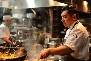 A candid shot of a chef cooking in a bustling kitchen, dynamic and energetic, showcasing the passion and skill of culinary arts