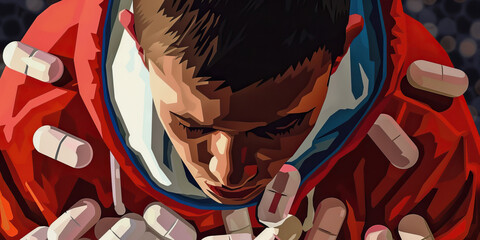 Lost potential a promising young athlete portrait reduced because of drugs. A sad face of destruction.