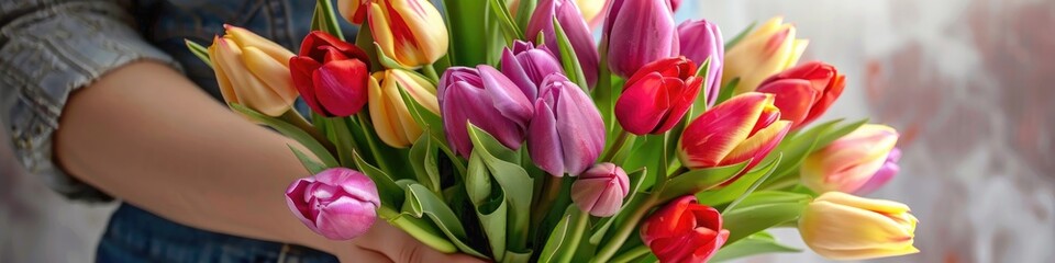 Naklejka premium A woman tender grasp cradles a vivid array of tulips