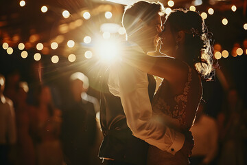 A romantic first dance of the newlyweds under twinkling lights, surrounded by friends and family, emotional and magical moment
