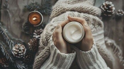 Woman's Hands Holding Skin Care Cream in Cozy Winter Setting