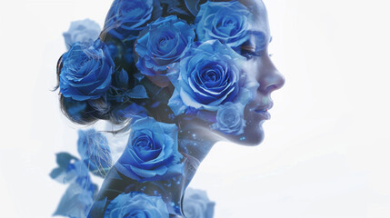 Double exposure of a woman's enigmatic profile filled with the elegant shapes of blue roses, adding a touch of mystery on a white background.