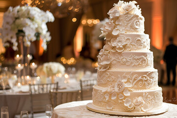 Fototapeta premium A beautifully decorated wedding cake with intricate details, captured just before the cake cutting ceremony, elegant and detailed 