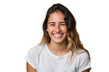 Mulher jovem de camisa branca sorrindo com fundo transparente png