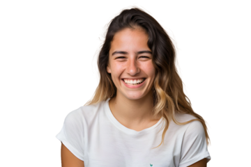 Mulher jovem de camisa branca sorrindo com fundo transparente png