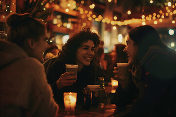 A candid moment of friends enjoying coffee at a cozy café, warm lighting, and genuine smiles, intimate and relaxed atmosphere