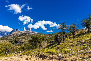 El Chalten Patagonia mountain landscapes. Mount Fitz Roy beautiful granite rock summit in Argentina. Los Glaciares national park in Argentina with stunning view of the lake with icebergs floating ice