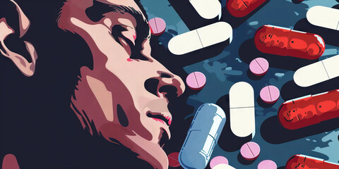The stigma attached to drug addiction making recovery. Pills and medicine addict. Druggie.