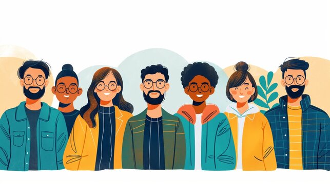 A diverse group of young adults standing together, smiling, and posing for a photo against a simple background.