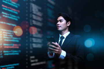 Software engineer occupation in information technology IT, analyze data, solve problems, and innovative thinking solutions. Programmer using a smart phone with a coding data information screen.