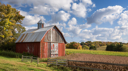 Obraz premium Rustic Red Barn: Autumn Landscape Photography Capturing Countryside Charm