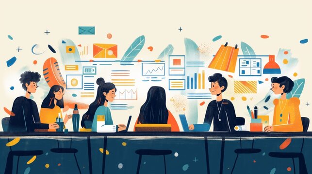 A diverse team collaborates in a modern office setting, brainstorming ideas and analyzing data on large screens for a project.