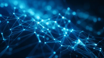 Simple network of luminous blue nodes and lines creating abstract geometric patterns on a dark blue background.