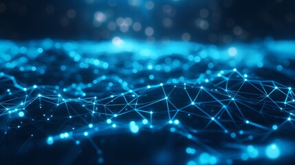 Obraz premium Simple network of luminous blue nodes and lines creating abstract geometric patterns on a dark blue background.