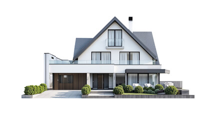 Modern house with garden png, isolated on white on transparent background, simple home suburban home hd