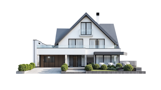 Modern house with garden png, isolated on white on transparent background, simple home suburban home hd