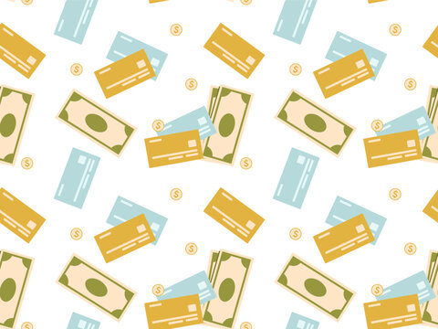 Financial pattern of banknotes, coins and credit cards. Seamless background with money