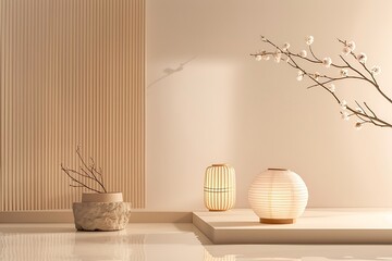 Minimalist Japanese Interior with Delicate Floral Arrangements and Sunlit Shadows